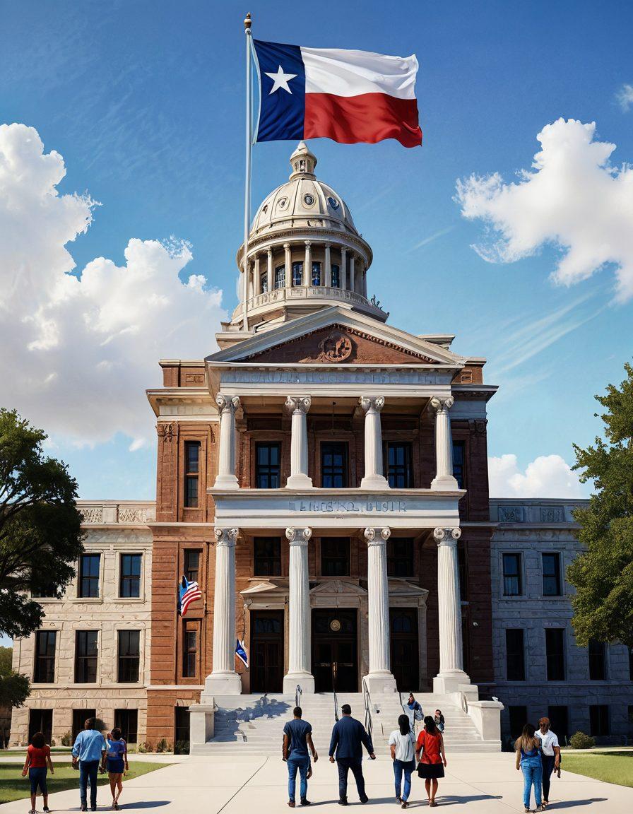 A visually engaging image of a courthouse in Texas, with a backdrop of the Texas state flag. Illustrate diverse people and families seeking legal assistance, with icons representing various legal services such as counsel, protection, and advocacy floating above. The courthouse should symbolize hope and justice. Super-realistic. vibrant colors. white background.
