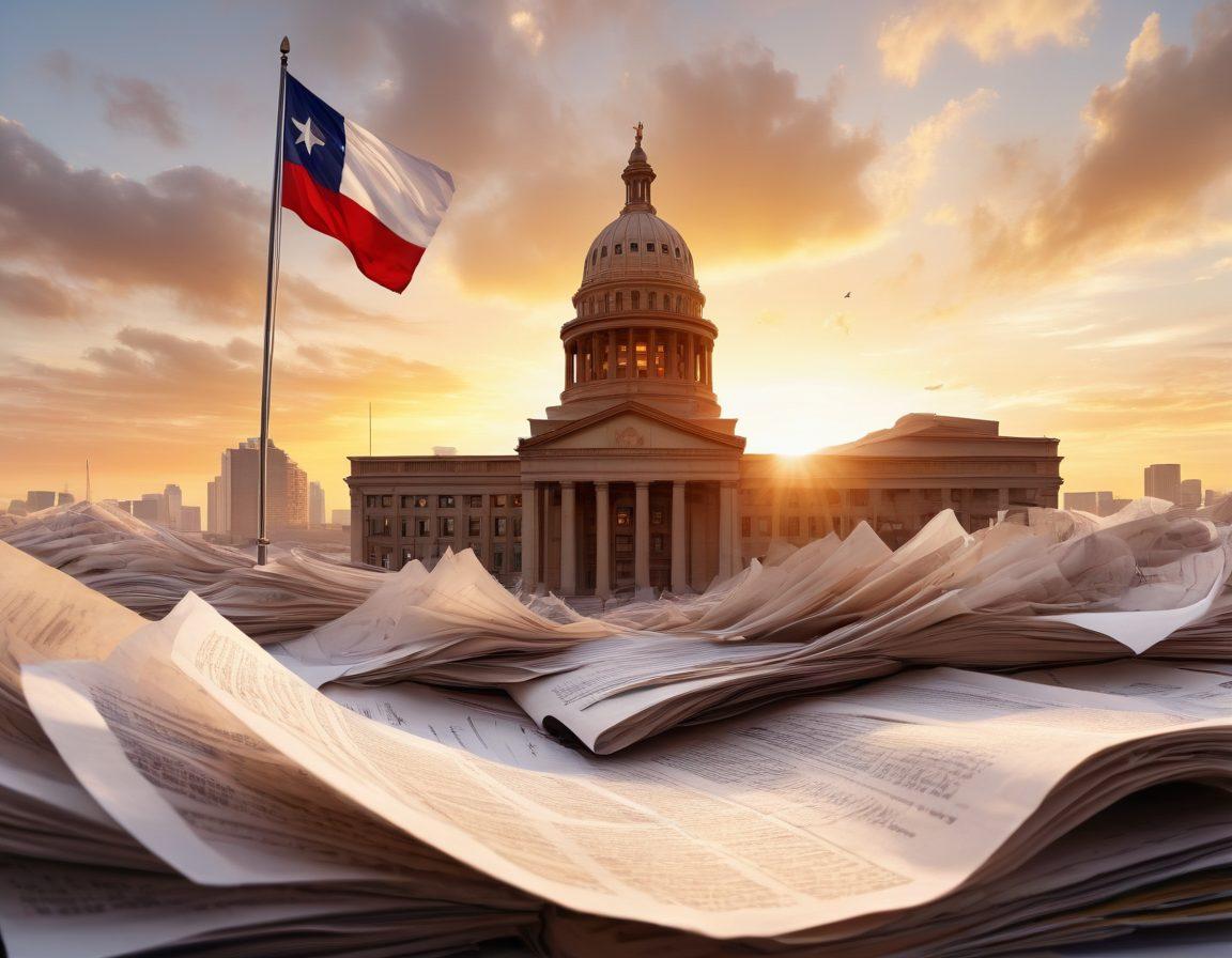 A dynamic Texas skyline with a prominent courthouse at sunrise, filled with newspapers and legal documents swirling in the wind. Lawyers and legislators can be seen discussing in the foreground, with the Texas state flag waving proudly. super-realistic. vibrant colors. white background.