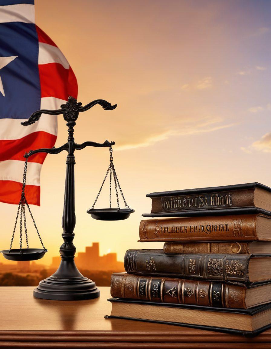 A majestic Texas courthouse under the warm glow of a setting sun, with scales of justice prominently in the foreground and various law books scattered around. Symbols of Texas, like the Lone Star flag and a cowboy hat, subtly integrated into the scene. super-realistic. vibrant colors. white background.